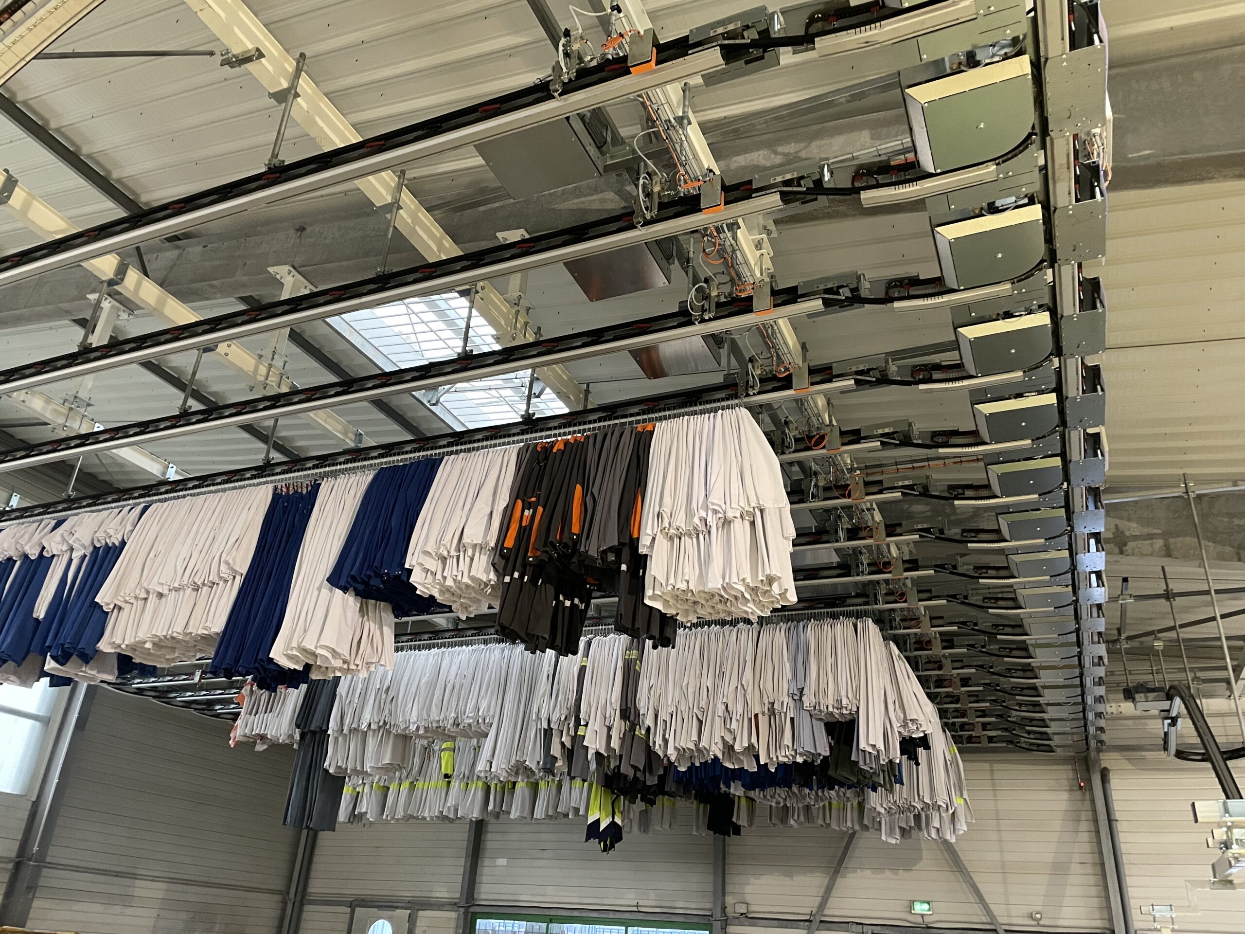 Accumulation et tri de vêtements sur convoyeur aérien